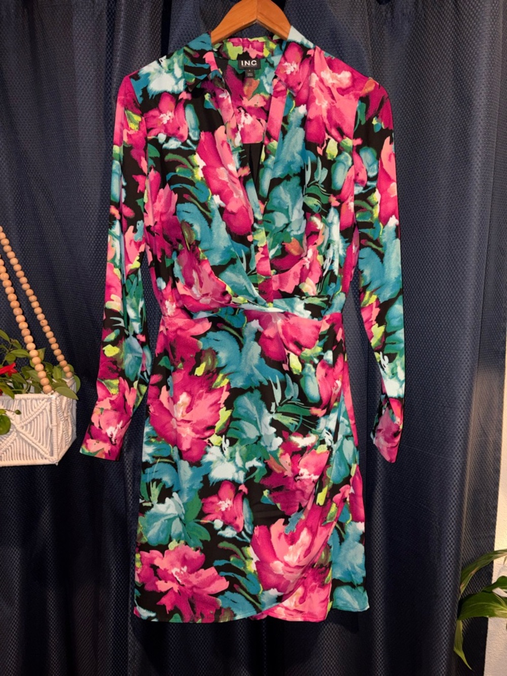Vivid Short Dress! Teal & Fuchsia Floral Long Sleeve Dress by I.N.C.